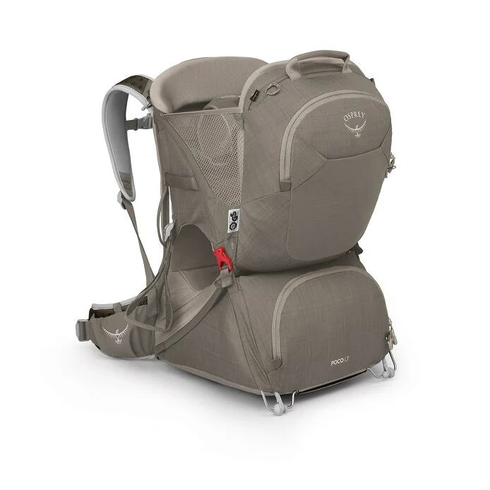 Osprey Poco LT Child Carrier in Tan Concrete, three-quarter view