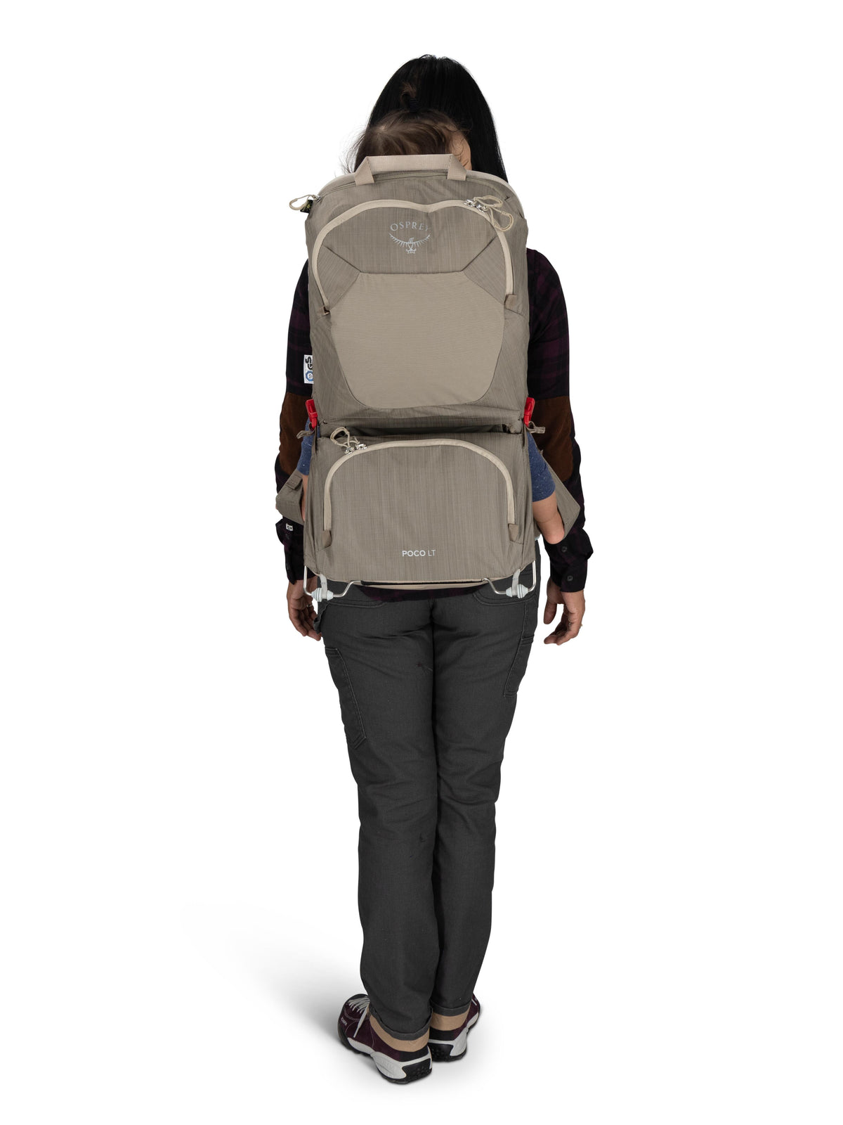 Osprey Poco LT Child Carrier in Tan Concrete, worn, back view