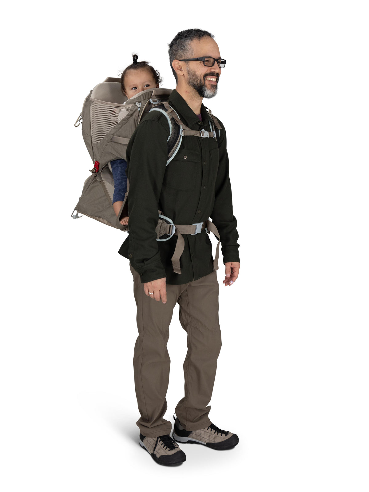 Osprey Poco LT Child Carrier in Tan Concrete, worn by a man with a child