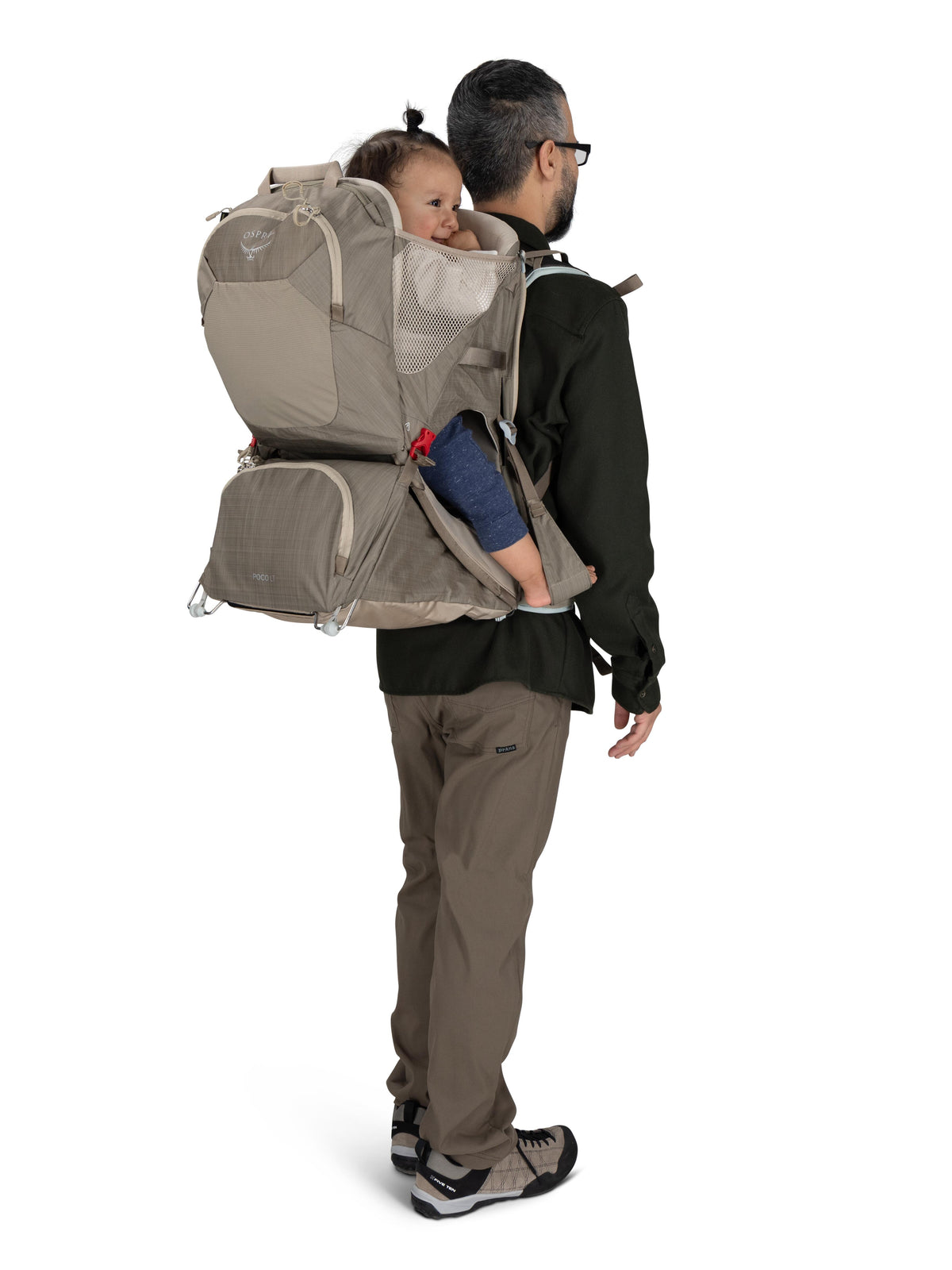 Osprey Poco LT Child Carrier in Tan Concrete, worn with a child, three-quarter view