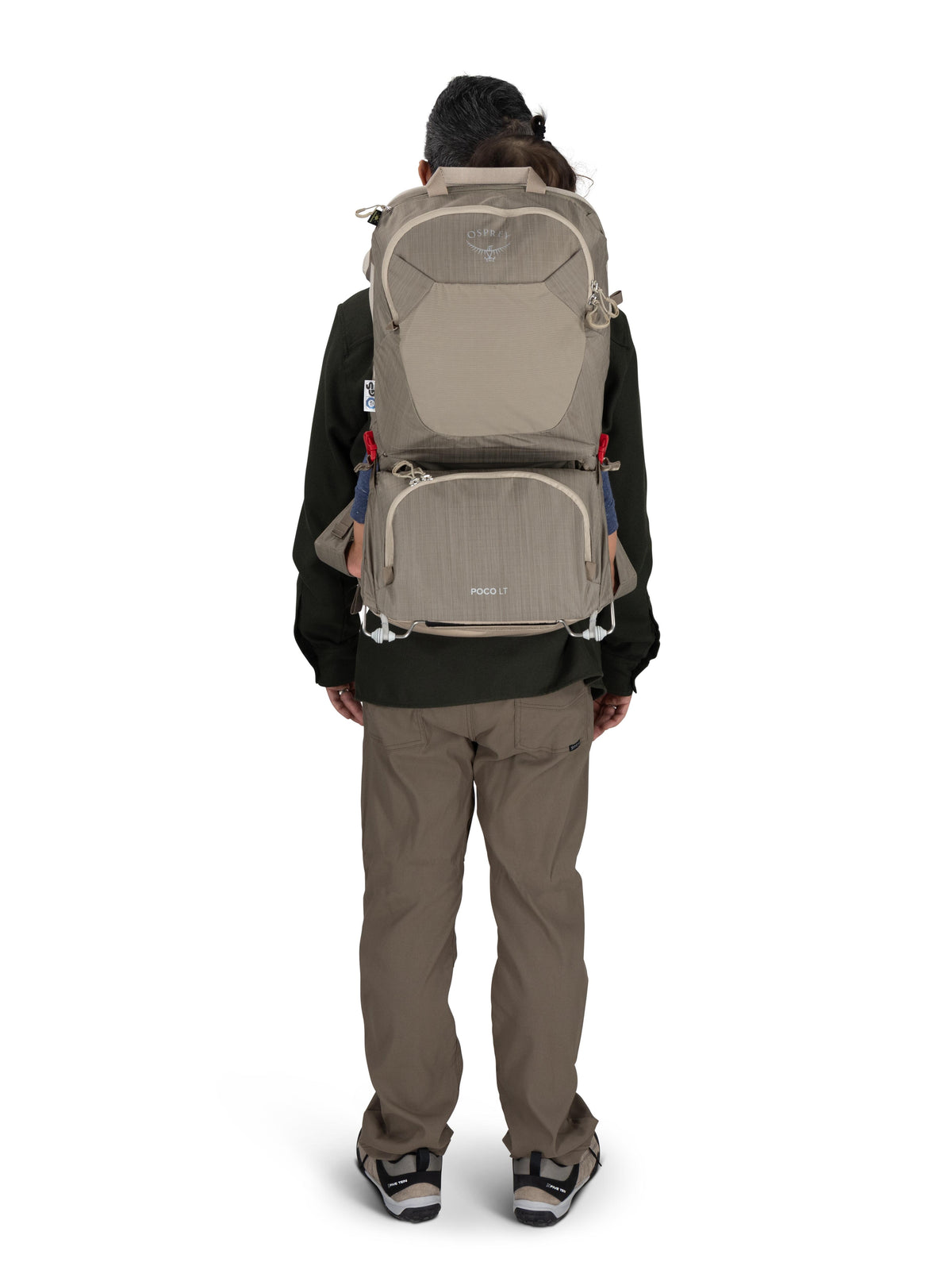 Osprey Poco LT Child Carrier in Tan Concrete, worn, rear view