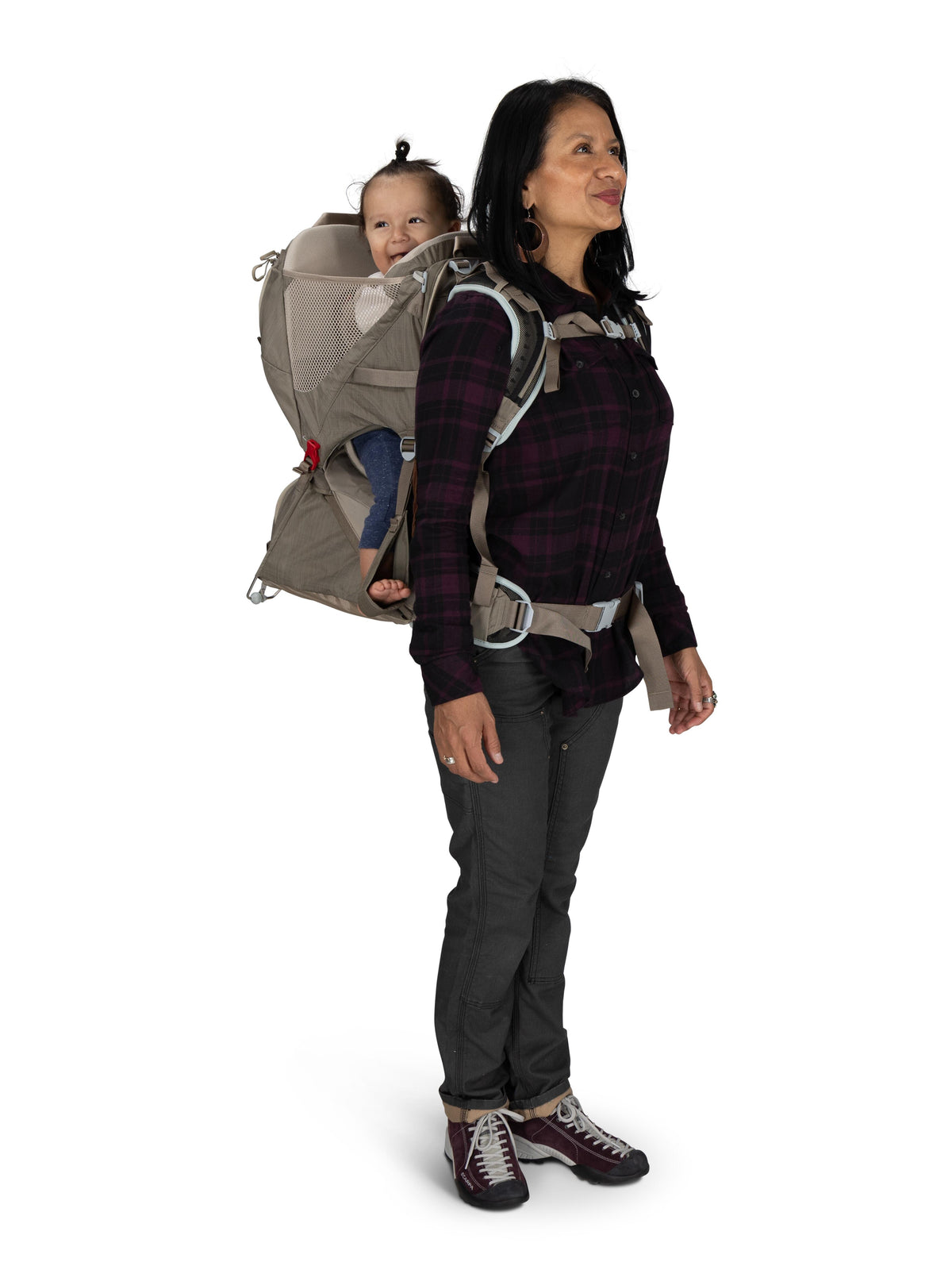 Osprey Poco LT Child Carrier in Tan Concrete, worn with a child, side view