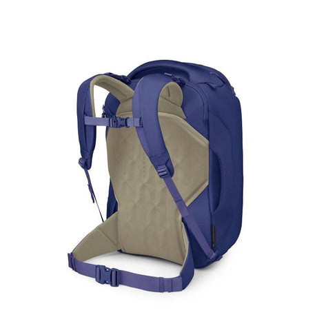 Osprey Sojourn Porter 46L travel pack in Deep Fig, harness and back panel