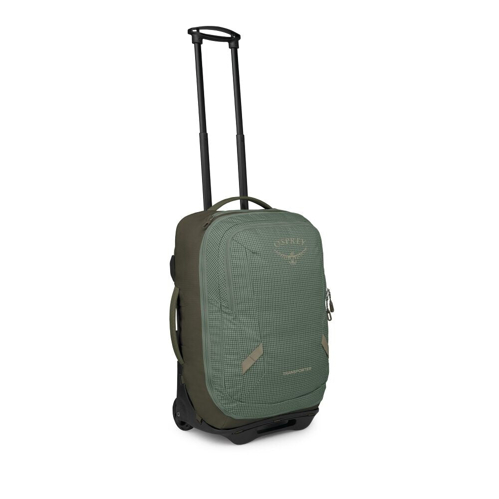 Osprey Transporter Wheeled Carry-On in Pine Leaf/Earl Grey with the handle extended