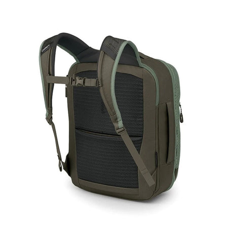 Osprey Transporter 26+6 expandable travel pack in Pine Leaf/Earl Grey, harness and back panel